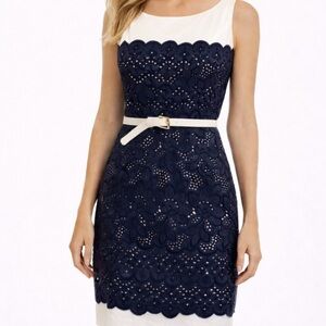 Navy Lace Sheath Dress Wedding Guest Cocktail Sleeveless Belted Size 4